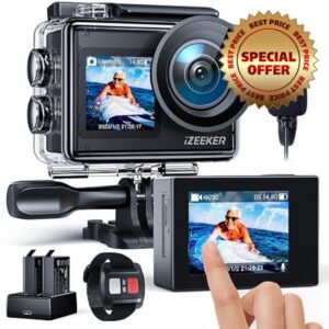 iZEEKER iA200 Action Camera 4K 30FPS 24MP Dual Screen 40M Waterproof Underwater Camera WiFi EIS Helmet Camera with 2x1350mAh Batteries