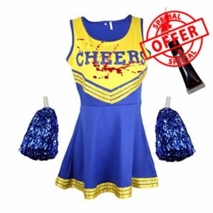Cherry-on-Top Zombie Cheerleader Outfit Costume for Women and Adult Ladies with Tube of Blood to Splatter as You Wish