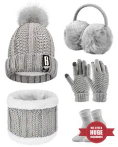 Voqeen 5PCS Womens Winter Scarf Set Knitted Thickend Hat Scarf Set Plush Ear warmers Touch Screen Gloves Thermal Socks For Skiing Outdoor Sports