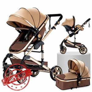 3 in 1 Baby Travel System Pushchair Baby Stroller 3 in 1 Portable Travel Baby Carriage Folding Baby Prams Aluminium Frame High Landscape Car for Newborn Babyboomer Poussette (Beige)