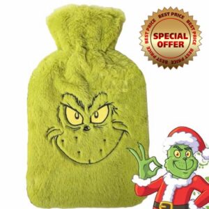 Merry Grinchmas Kids Grinch Gifts - The Grinch Green Faux Fur Hot Water Bottle with Topline Card. Christmas Stocking Fillers Water Bottle for Kids