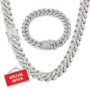 GIHENHAO Men's Cuban Link Chain Silver Miami Cuban Necklace Bracelet Bling Diamond Chain for Men Women 13 mm Hip Hop Jewellery
