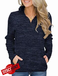 iWoo Womens Casual Sweatshirt Long Sleeve Stand Collar 1/4 Zip Cosy Tops Pullover with Two Pockets