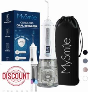MySmile Powerful Cordless 350ML Water Flosser Portable OLED Display Dental Oral Irrigator with 5 Pressure Modes 8 Jet Tips and Storage Bag for Home Travel Use (White)
