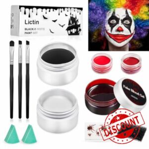 Lictin Halloween Clown Makeup Kit - White Black Red Face Body Paint + Fake Blood Gel