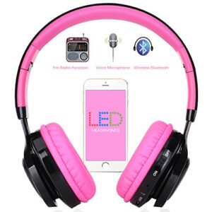 AB005 Wireless Headphones 5.0 with Microphone Foldable Headphones with TF Card FM Radio and LED light for Cellphones and All Bluetooth Enabled Devices (Black&Pink)