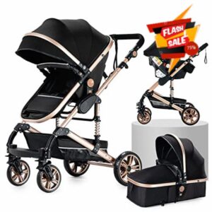 3 in 1 Baby Travel System Pushchair Baby Stroller Portable Travel Baby Carriage Folding Baby Prams Aluminium Frame High Landscape Car for Newborn Babyboomer Poussette (Black Gold)