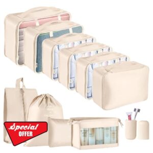 Packing Cubes for Suitcase - GEEDIAR 11 PCS Luggage Organizers Waterproof Travel Essentials Clothes Shoes Storage Bags (Beige)