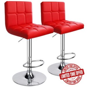 Leader Accessories Bar Stools (2/Set) Adjustable Bar Chairs Breakfast Dining Stools for Kitchen Island Counter PU Leather Double Stitching Square Back with decoration (Red)