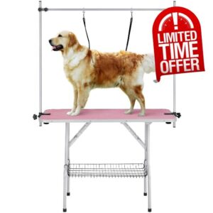 Yaheetech 46" Pet Dog Grooming Table Height Adjustable Dog Beauty Table for Large Dogs/Cats w/Storage Basket/Noose Tools 177cm High Pink