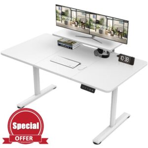 TRIUMPHKEY Height Adjustable Standing Desk 140x60cm with Monitor Shelves Large Height Adjustable Electric Standing Desk Storage Shelf Height Adjustable Desk Home Office Splice Board White