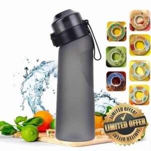 AVZYARDY NEW Air Water Bottle 650ml Fruit Fragrance Water Bottle BPA Free Sports Air Water Bottle Set with 7 Fruit Flavour Pods Scented 0 Sugar and Water Cup with Straw (Frosted Grey+7flavor Pods)