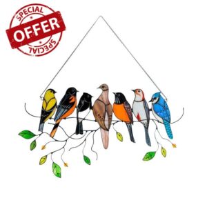 Multicolor Birds on a Wire High Stained Garden Suncatcher Birds Ornaments Hanger On A Branch Suncatchers Pendant Home Decoration Hanging for Window Doors Hanging Suncatcher Gifts Garden Deco