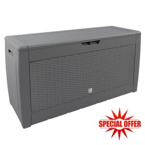 CASARIA Garden Storage Box Chest | 310 Litre Capacity | Hinged Lid | Handles & Wheels | Rattan Look | Outdoor Cushion Box | Weather-Resistant | 119 x 48 x 60 cm | Grey