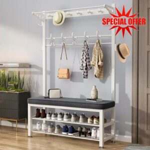 Hall Tree with Removable Hooks and 2-Tier Shoe Stand