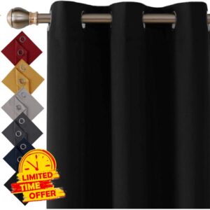 Thermal Insulated Blackout Ring Top Eyelet Curtains for Bedroom Windows 66 x 90 Inches Black 2 Panels (66”(167cm) wide x 90”(228cm) long