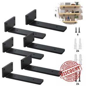 MLOQI Black Shelf Brackets Heavy Duty 5mm Thick Floating Shelf Brackets Metal Brackets for Shelves Rustic Shelf Bracket 6 Pack (8 Inches)