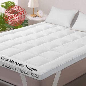 Mattress Topper Kingsize Bed - Noor’s Collections 4 inches Thick King Size Mattress Toppers | Anti Allergic | Machine Washable | Foldable Portable Matress Topper with Four Sided Anchor Corner Straps