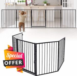 Aufun 5-Piece Metal Fireplace Guard with Door Black Playpen 60 x 76 cm Child-Safe Fireplace Fence Door Guard Barrier for Dogs