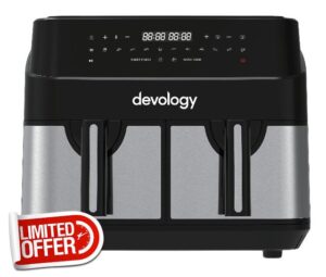 Devology Double Air Fryer - 10L - 2 x 5L Independent Dual Zone Air Fryer -50 Recipe Cookbook- 12 Cooking Programs - Digital LED Display Airfryer - Healthy Oil-free Fryer - Non Stick Kitchen Appliance