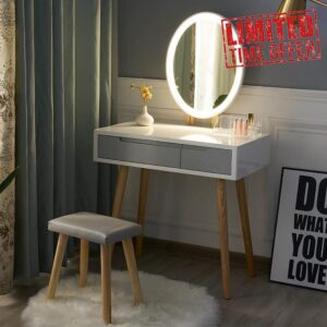 YOURLITE Dressing Table with LED Lights Mirror - White Vanity Makeup Table Set with Adjustable Brightness Mirror