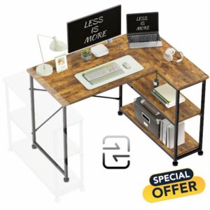 TRIUMPHKEY 110CM L Shaped Desk Corner Desk with Shelves Reversible Left or Right Computer Workstation Computer Desk Study Office Desk Storage Shelves Home Office Work Table for Office Rustic Brow