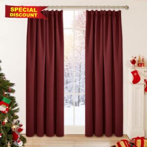 Deconovo Room Darkening Pencil Pleat Curtains Thermal Insulated Window Treatment Energy Efficiency Soft Pair Curtains Rod Pocket Blackout Curtains for Living Room 52 x 84 Inch Red Set of 2