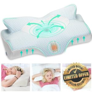 Elviros Cervical Contour Memory Foam Pillow for Neck Pain Orthopedic Neck Pillow for Shoulder Pain Ergonomic Head Neck Support Pillow for Side/Back/Stomach Sleepers with Removable Cove