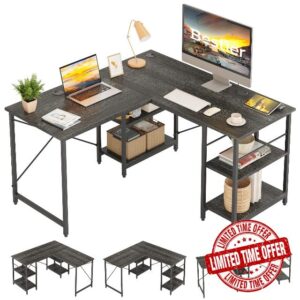Bestier L Shaped Desk with Shelves Reversible Corner Desk 220CM Industrial Long Table Stable Desk L Shape Computer Workstation with 3 Cable Holes