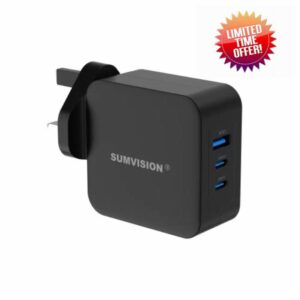 SUMVISION 100W USB C Compact Wall Fast Charger Plug Adapter 3 Port GaN PD PPS Compatible with Apple Macbook Pro Dell XPS Laptop iPad Air iPhone 14 Galaxy S23 Ultra Pixel 7 (UK DESIGN UK TECH SUPPORT)