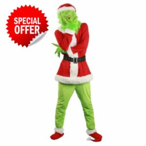 Aunaeyw Christmas Green Costume Set Santa Claus Hat Top Boots Green Furry Monster Mask Gloves Stole Xmas Costume Set for Xmas Cosplay
