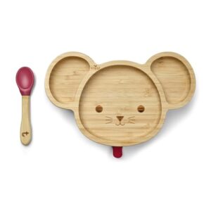 BPA-Free | Eco-Friendly Bamboo Plates Baby | Ideal Baby Suction Plate for Easy Feeding and Clean-Up (Mouse) (Red)