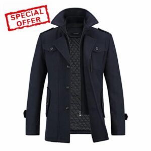 YOUTHUP Mens Wool Coats Regular Fit Military Winter Trench Coat Hip-Length Thick Casual Peacoa