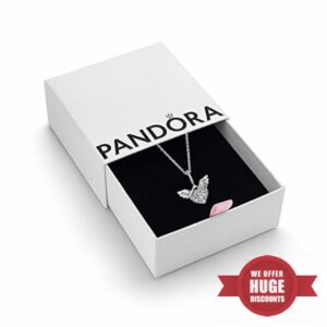 Pandora Moments Women's Sterling Silver Pavé Heart and Angel Wings Cubic Zirconia Pendant Necklace