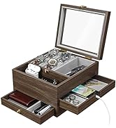 Yorbay Watch Box Dresser Valet Tray for Men, Glass Lid, 2 Drawers, Bedside Desk Organizer with Ch...