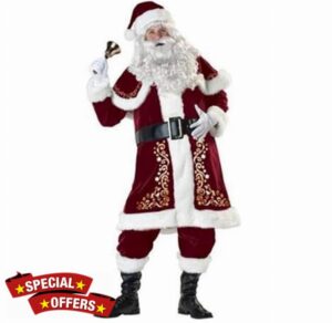 Aunaeyw Adults Christmas Santa Claus Costume Xmas Outfits Luxury Deluxe Velvet Cosplay Fancy Dress Theme Party Clothes Set for Men Wome