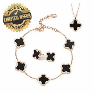 TOFBS Four-Leaf Clover Jewellery Set for Women Girls 18K Rose Gold Plated Stainless Steel Double-sided Black White Pendant Necklace Stud Earrings Bracelet Jewellery Set (Black)