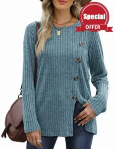 Aokosor Womens Long Sleeve Tops Ladies Lightweight Jumpers Button Front Slit Tunic