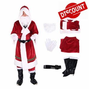 YILEEGOO 6pcs Christmas Xmas Santa Set Deluxe Velvet Adult Santa Suit Regal Plush Father Santa Claus Suit Fancy Dress Velvet Festive Cosplay Costume Sui