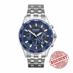 Sekonda Mens 44mm Dive Style Chronograph Quartz Watch with Stainless Steel Bracelet Date Function 50m Water Resista