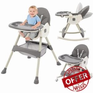3-in 1 Children's High Chair with Table and Wheels High Chair Adjustable Foldable Baby Chair Reclining Function Combinatio