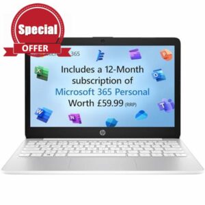 HP Stream Laptop PC 11-ak0027na | Intel® Celeron® N4120 Processor | 4GB RAM | 64GB eMMC | 11 inch HD 16:9 display | Windows 11 Home | Diamond White | Microsoft 365 Personal 12 months included