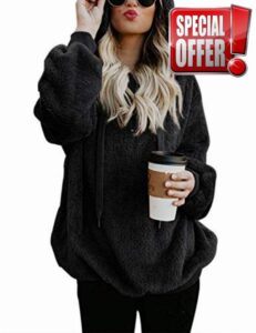 iWoo Teddy Fleece Sweatshirts Womens Casual Double Fuzzy Fluffy Hoodie Solid Color Warm Stylish 1/4 Zip Pullover With Pockets