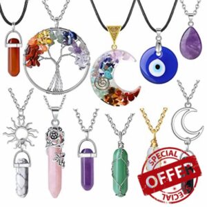 XIANNVXI 11Pcs Healing Crystal Necklaces Evil Eye Tree of Life Chakra Moon Sun Natural Gemstone Jewellery Necklace Amethyst Rose Quartz Obsidian Stone Pendant Necklaces for Wome