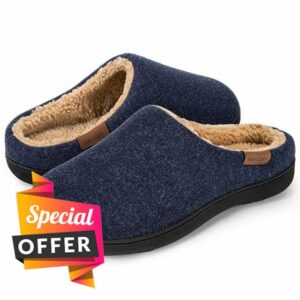 VeraCosy Mens Fuzzy Faux Sherpa Indoor Wide FIt Memory Foam Non-slip Slippers
