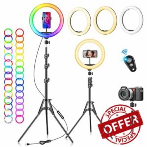 Ring Light with Tripod Stand & Phone Holder - 10 inch Selfie LED Ringlight Dimmable Desktop Lamp 40 Colors RGB Tall Circle Light for Camera Makeup Video YouTube TikTok Live Streaming Zoom Meeting