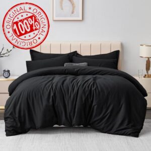 Aisbo Double Duvet Covers Set Black - 3Pcs Bedding Set Double Bed Soft Brushed Microfiber Quilt Cover with 2 Pillowcases