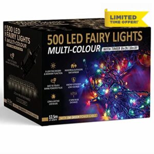 Christmas Tree Lights 500 LED 12.5m Multi-Colour - 2.5cm Bulb Distance Fairy String Lights Plug in with Timer and Memory Functions - Suitable for Outdoor/Indoor Use