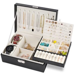 Jewelry Boxes for Women Girls 2 Layers Jewelry Organizer Box PU Leather Travel Jewelry Case with Lock Jewelry Storage Box Removable Tray for Rings Earrings Necklace Watches