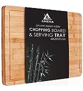 Ameha Bamboo Wood Chopping Board with Juice Groove (38x25x2cm) Pre Oiled for Food Prep, Meat, Veg...